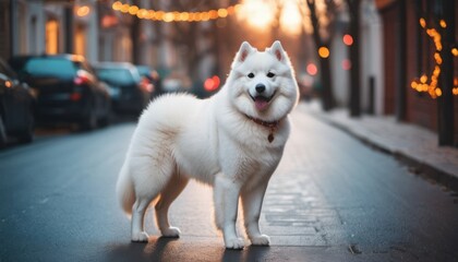  a white dog standing on the side of a street next to a row of parked cars on a city street with lights on the side of the road behind it.