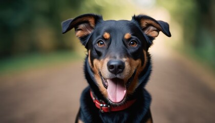  a close up of a dog's face on a dirt road with trees in the background and a blurry image of the dog's face is looking at the camera.