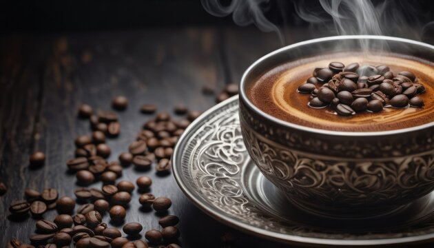  a cup of coffee with steam rising out of it on a saucer surrounded by coffee beans on a wooden table with steam coming out of the top of the cup.