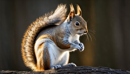  a close up of a squirrel on a log with its front paws on it's hind legs and it's front paws on the back end of the ground.