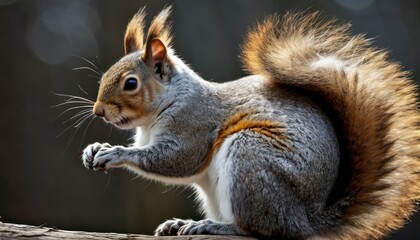  a close up of a squirrel sitting on a log with its front paws on it's back and it's front paws on...