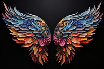 Colorful and vibrant illustration of ornamental, symmetrical angel wings against a black background; suitable for creative projects or events. - obrazy, fototapety, plakaty