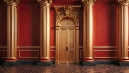  a room with red walls and a gold door in the center of the room is a wooden parquet floor and a red wall with gold columns and a gold door in the center of the room.