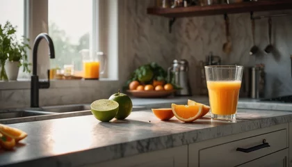   a glass of orange juice sitting on top of a kitchen counter next to sliced oranges and an avocado on a counter top next to a faucet. © Jevjenijs