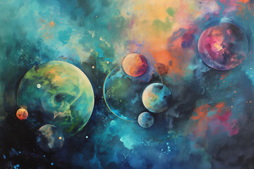 Obraz na płótnie Canvas Generative AI, Stunning Abstract Cosmic Artwork: Vibrant Planets and Starry Space Background
