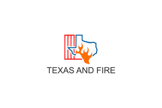 Texas state fire department, texas state outline map with fire symbol.