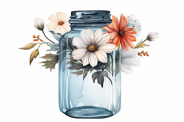 flowers on the glass jar with white background