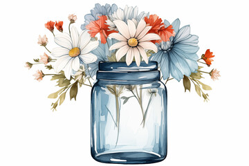 bouquet of flowers in vase flowers on the glass jar with plain background