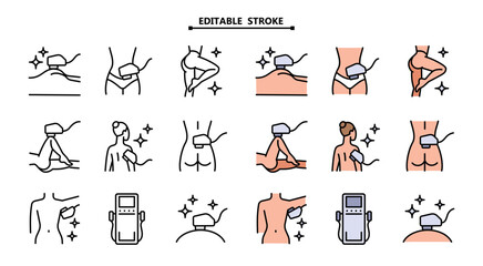 Laser hair removal line icons set. Editable stroke. Color epilation symbols. Apparatus, equipment. Vector illustration isolated on white.