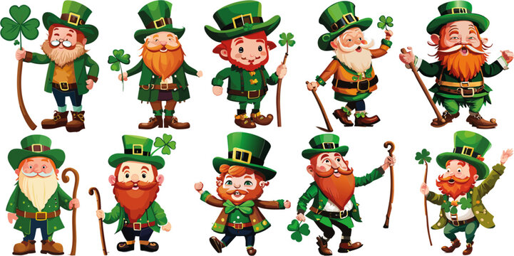Conjunto de enanos pelirrojos para la fiesta de san Patricio con bast&oacute;n de madera y tr&eacute;bol 01