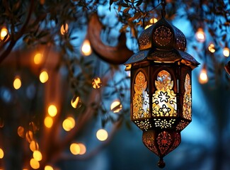 Fototapeta na wymiar Ornamental Arabic lantern with burning candle glowing at night.