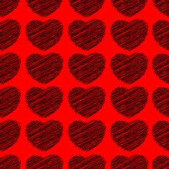 Black Love Heart scribbles in red color background. Seamless pattern design template