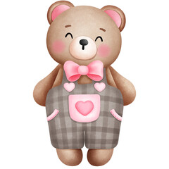 Cheerful watercolor valentine baby teddy bear clipart. Cute baby animal in pink and gray outfits illustration.