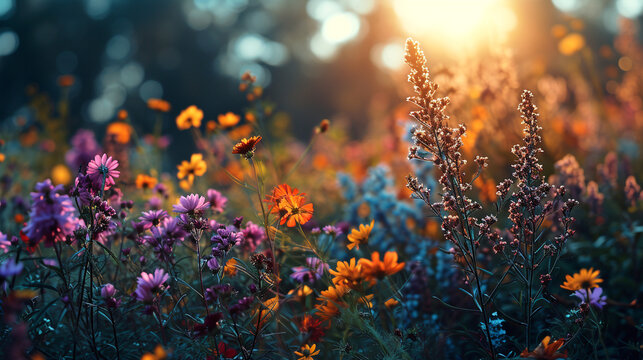 Fototapeta view of beautiful flower plants in the morning