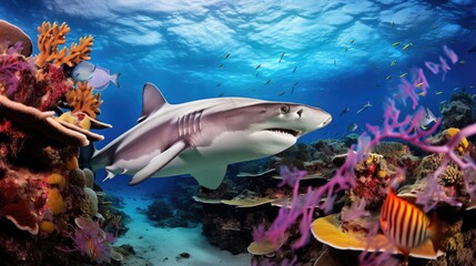 A hammerhead shark patrolling a tropical reef