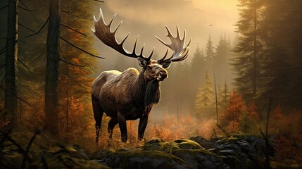 A majestic moose in the heart of a dense Canadian forest