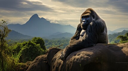 Fototapeta na wymiar A powerful silverback gorilla in a regal pose on a rocky outcrop
