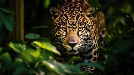 A prowling jaguar in a South American rainforest