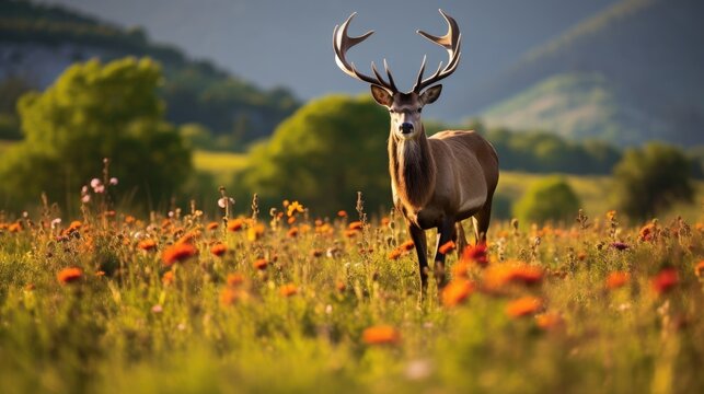A powerful stag leading a herd through a vast, sunlit meadow