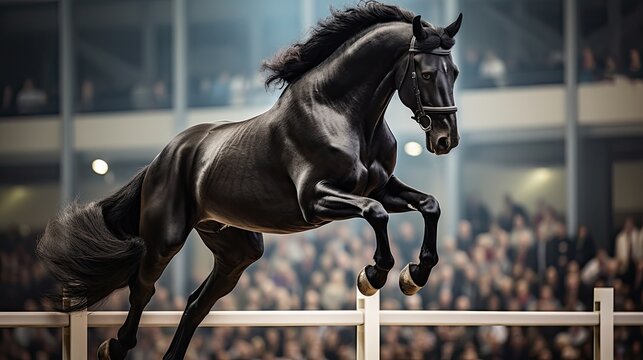 Fototapeta A regal black stallion performing a powerful leap over an obstacle in a show-jumping arena