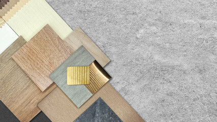 multi type of interior material samples including gold stainless, wooden tiles, stone ceramic...