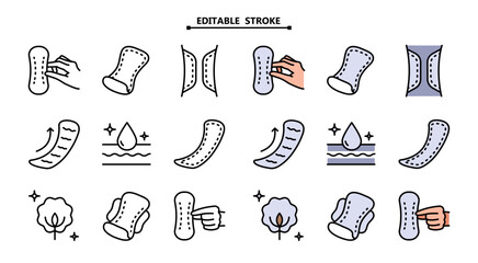 Women sanitary pad color icons set. Editable stroke. Hygiene routine concept. Sanitary pad vector signs collection. Woman hygiene napkin flat icons. Mobile concept web design. © Chistoprudnaya