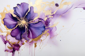 Elegant, romantic watercolor background with hand painted swirl purple and golden flowers, abstract background.