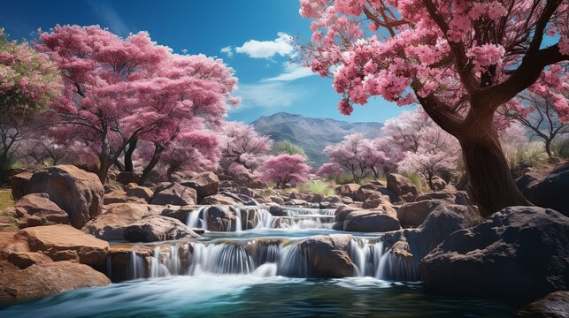 beautiful view, cherry trees bloom around the waterfall