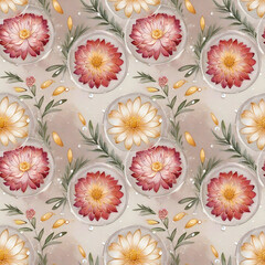 Seamless pattern, watercolor, natural beauty of garden, white, pink flowers in air bubbles. - obrazy, fototapety, plakaty