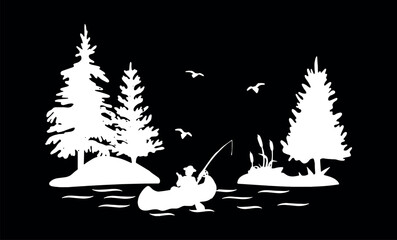 Man in a boat with a fishing rod on a black background vector silhouette