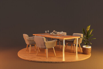 dining room interior design isolated on wooden podest and infinite background; 3D rendering