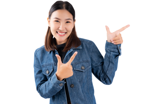 Beautiful young Asian woman pointing up to copy space and looking at camera with smile face and happy Pretty girl act like a satisfied product, use for advertising with isolated on white background