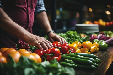 Fresh Vegetable Slicing. Gloved Hands Selecting Organic Ingredients on Wooden Board