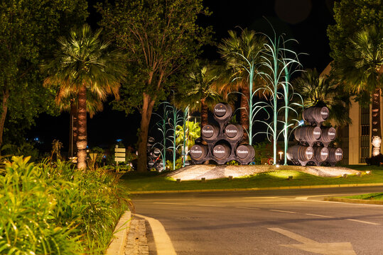 11.11.2023,Motril,Granada; Roundabout in the southern distributor of Motril, decorated with barrels in memory of the Ron Montero factory located in the town.