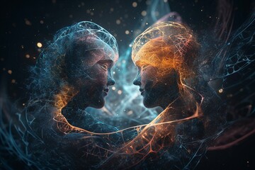 Abstract image of two space universe soulmates connecting to each other, Fictional person, Generative AI - obrazy, fototapety, plakaty