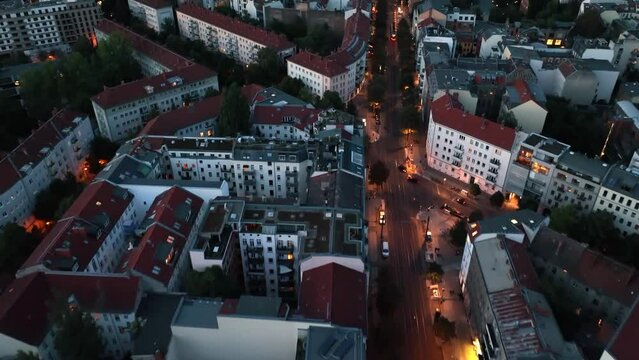 Establishing Aerial View Shot of Berlin, Germany, capital of Germany, at evening night