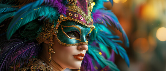 Portrait of a woman in carnival mask. Mardi Gras celebration concept. Generative AI - obrazy, fototapety, plakaty