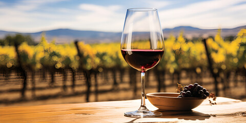 Glass of american wine on the table with beautiful background,  glass of wine on a table in a vineyard., Red wine with sunset time - obrazy, fototapety, plakaty
