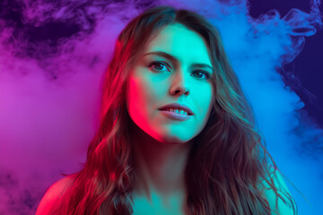 girl in smoke. fashionable cheerful girl with long hair stands against a background of bright neon and colored smoke