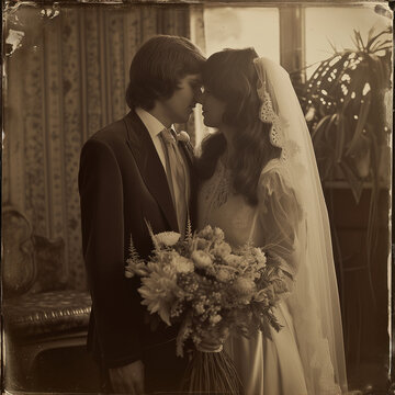 vintage wedding portrait photo of bride and groom 1960s sepia scuffed