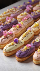 Delicious eclairs poured with sweet cream, with various fillings. Cake. Original design