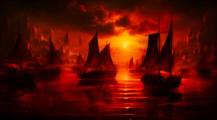 Group of Pirate ships in the dark sea in red sunset background