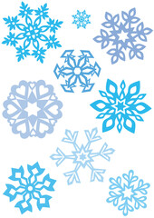 Eight big blue snowflakes on the white background 