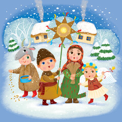 Children with a Christmas star sing carols. Ukrainian traditions.