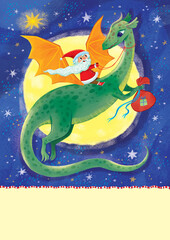 Dragon flying in the night sky against the backdrop of the moon with Santa on his back