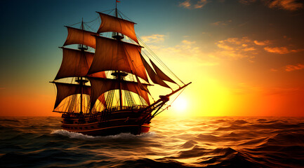 Obraz premium Sailing ship sailing in the calm sea during golden tone sunset sunrise background