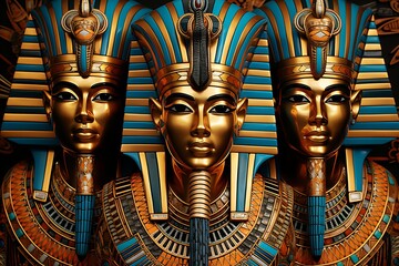 Close-up of an Egyptian pharaoh sitting on a throne with attendants and priests in the background - obrazy, fototapety, plakaty