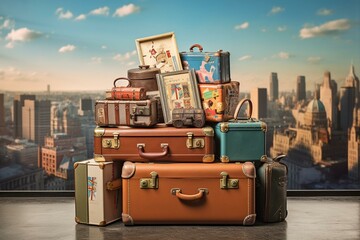 Conceptual photo of travel showcasing suitcases and signpost displaying multiple countries. Generative AI - obrazy, fototapety, plakaty