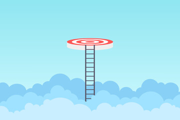 a podium target with climb stairs ladder over cloud for Progress process to goal target. Vector Illustration. - obrazy, fototapety, plakaty