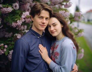 A young couple posing for a photo in front of a flowering tree. Generative AI.